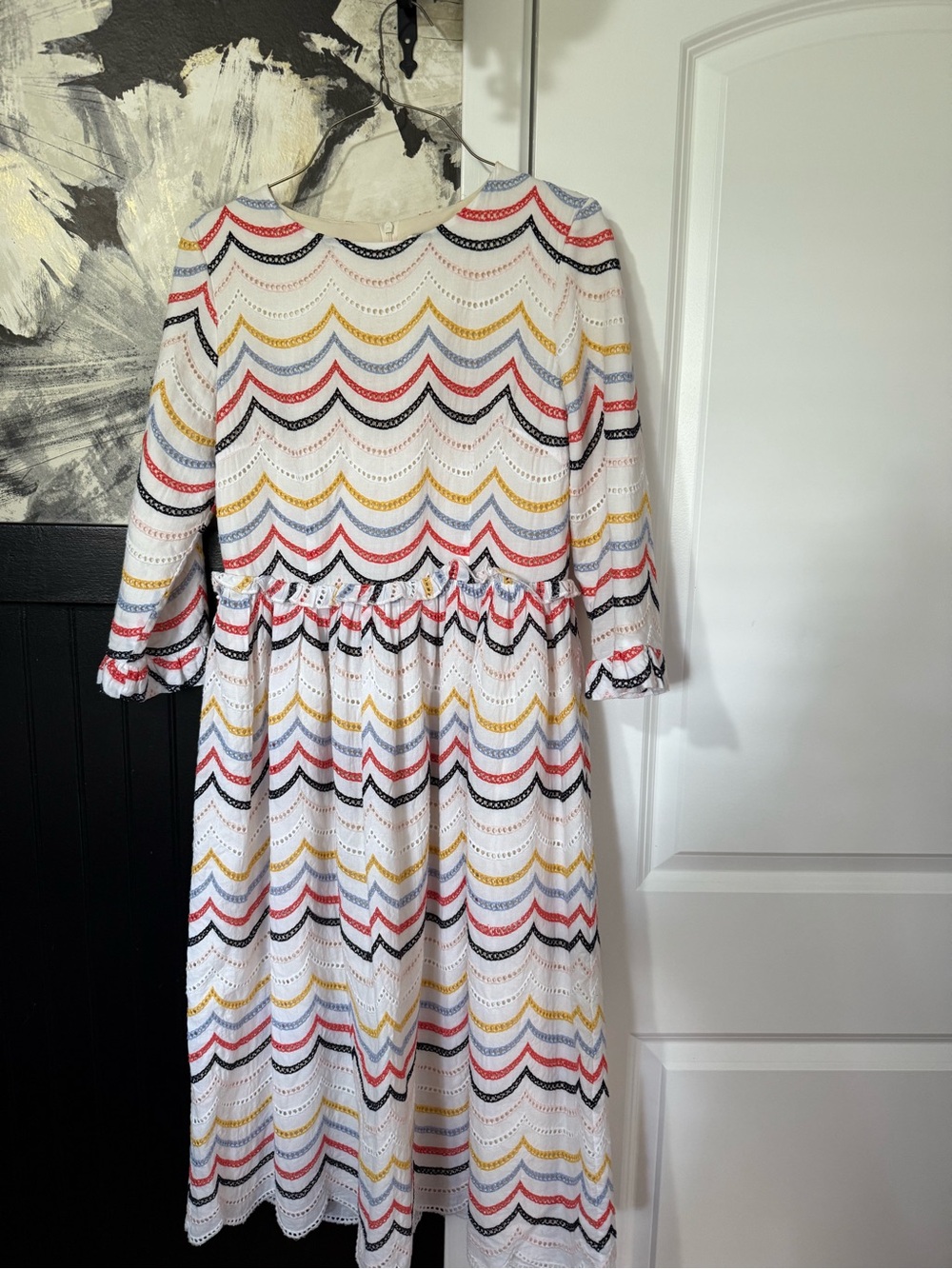 Dainty Jewells White Eyelet Dress with Red, Yellow, Blue & Black Scallop Stripes